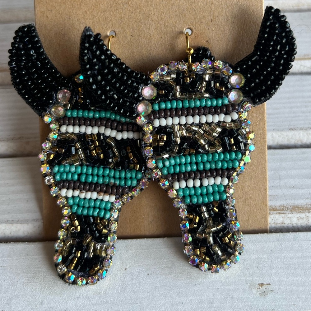New Turquoise Black Gold Beaded boho western steer head earrings jewelry gift